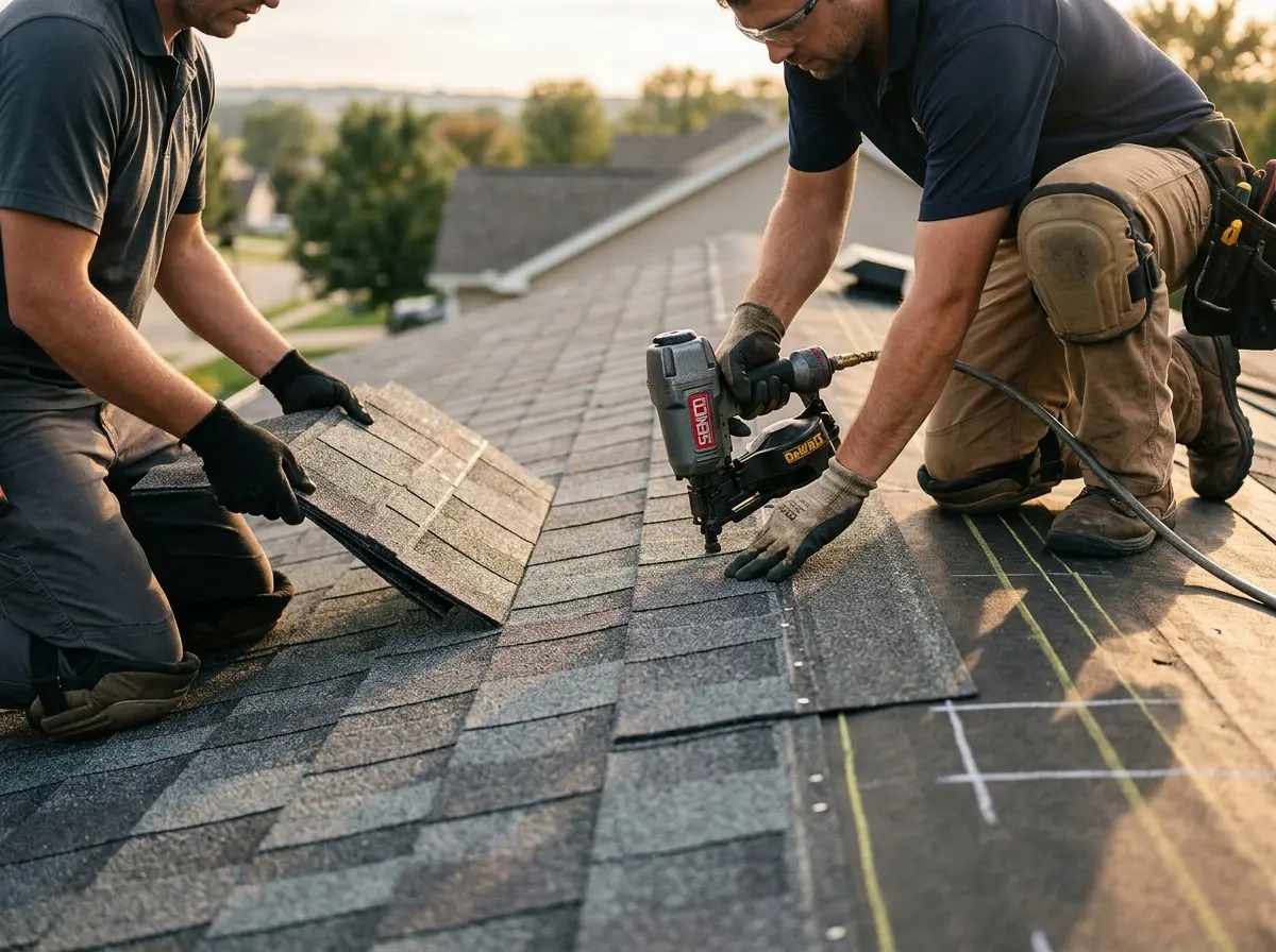 Professional roofer working on a residential roof in South Huntingdon